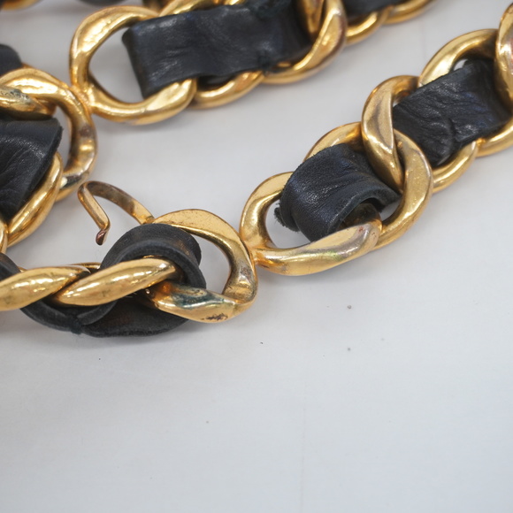Auth Chanel Belt Chain Belt Gold Metal Fittings Women's Leather Chain Belt Black - Picture 11 of 11